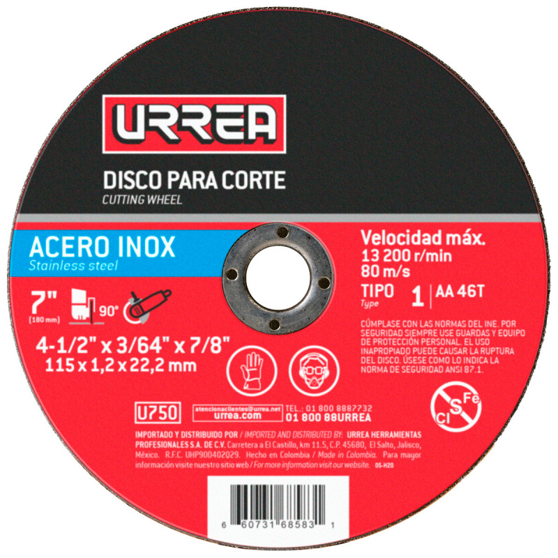 U750 URREA Disco abrasivo tipo 1 para acero inoxidable 4-1/2" x 3/64" uso mega pesado Urrea | DIHERESA U750 URREA Disco abrasivo tipo 1 para acero inoxidable 4-1/2" x 3/64" uso mega pesado Urrea | DIHERESA