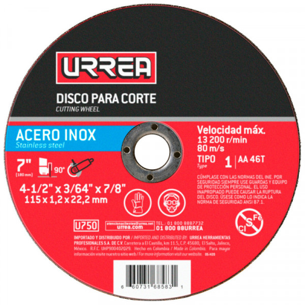 U750 URREA Disco abrasivo tipo 1 para acero inoxidable 4-1/2" x 3/64" uso mega pesado Urrea | DIHERESA