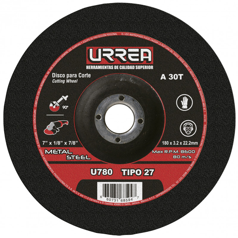 U780 URREA Disco abrasivo tipo 27 para metal 7 x 1/8" uso extra pesado Urrea | DIHERESA U780 URREA Disco abrasivo tipo 27 para metal 7 x 1/8" uso extra pesado Urrea | DIHERESA
