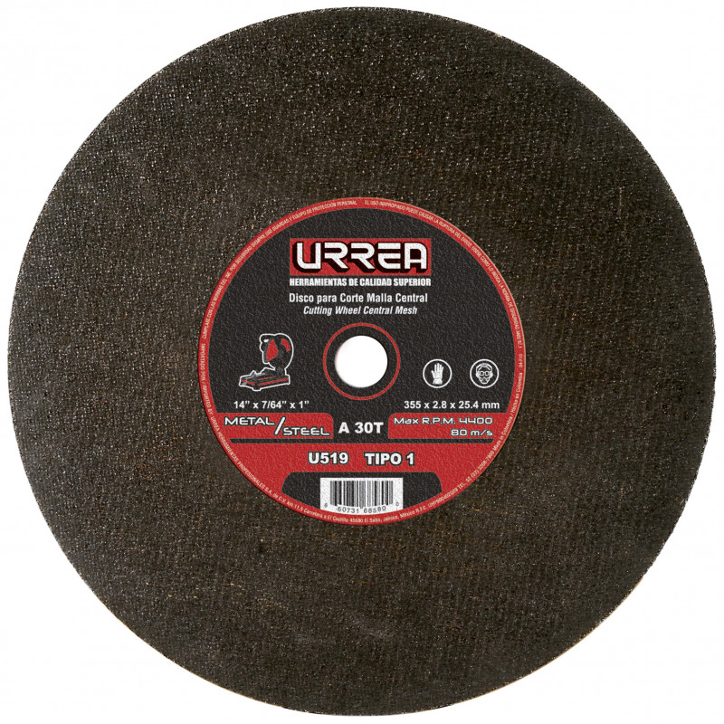 U519 URREA Disco abrasivo tipo 1 para metal 14 x 7/64" uso extra pesado Urrea | DIHERESA U519 URREA Disco abrasivo tipo 1 para metal 14 x 7/64" uso extra pesado Urrea | DIHERESA