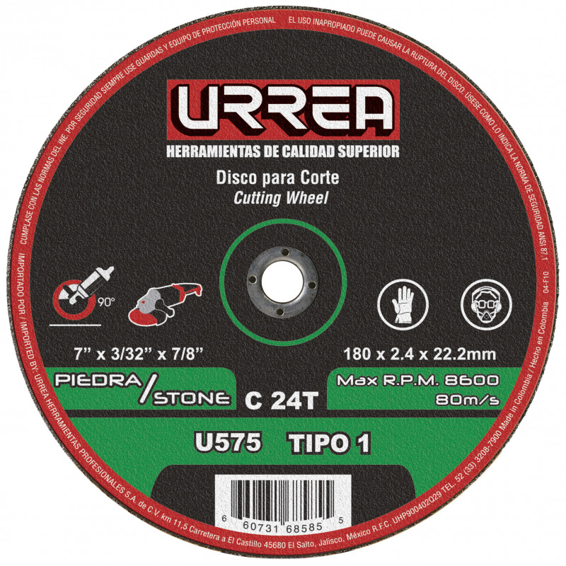 U575 URREA Disco abrasivo tipo 1 para piedra 7 x 3/32" uso extra pesado Urrea | DIHERESA U575 URREA Disco abrasivo tipo 1 para piedra 7 x 3/32" uso extra pesado Urrea | DIHERESA