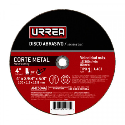 AMCS04A URREA Disco abrasivo tipo 1 para metal 4" x 3/64" uso general Urrea | DIHERESA