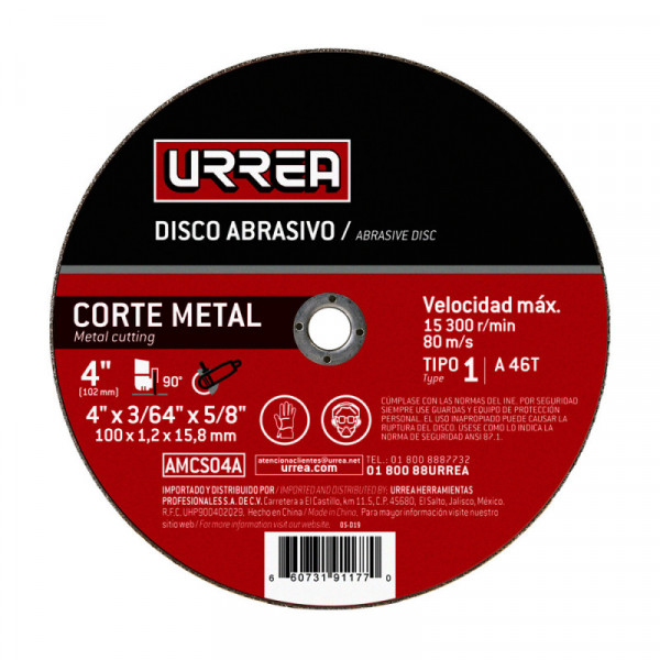 AMCS04A URREA Disco abrasivo tipo 1 para metal 4" x 3/64" uso general Urrea | DIHERESA