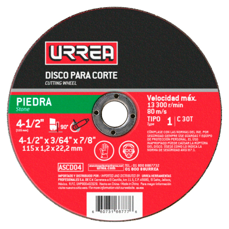 ASCD04 URREA Disco abrasivo tipo 1 para piedra 4-1/2" x 3/64 uso general Urrea | DIHERESA ASCD04 URREA Disco abrasivo tipo 1 para piedra 4-1/2" x 3/64 uso general Urrea | DIHERESA