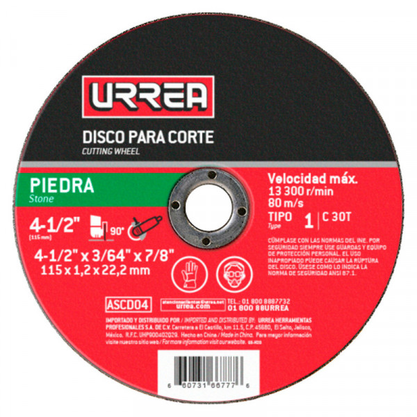 ASCD04 URREA Disco abrasivo tipo 1 para piedra 4-1/2" x 3/64 uso general Urrea | DIHERESA