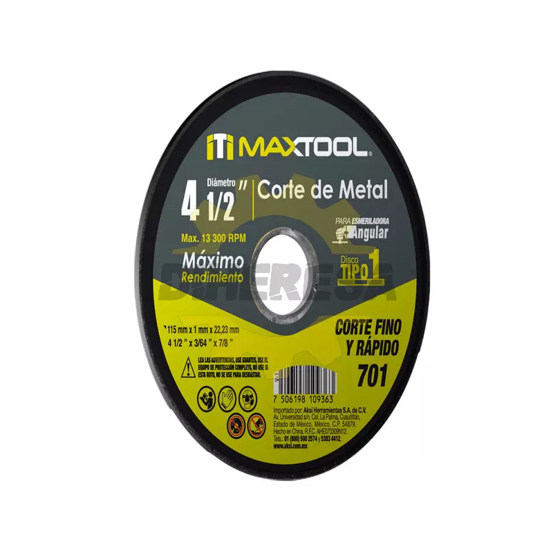 Disco Corte De Metal 4 1/2" X 1mm, Tipo 1 Maxtool