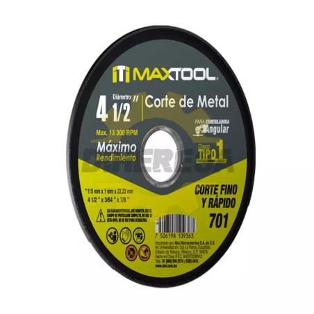 Disco Corte De Metal 4 1/2" X 1mm, Tipo 1 Maxtool
