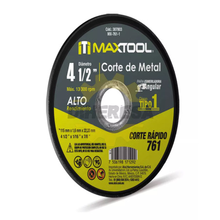 Disco Corte De Metal 4 1/2" X 1.6mm, Tipo 1 Maxtool