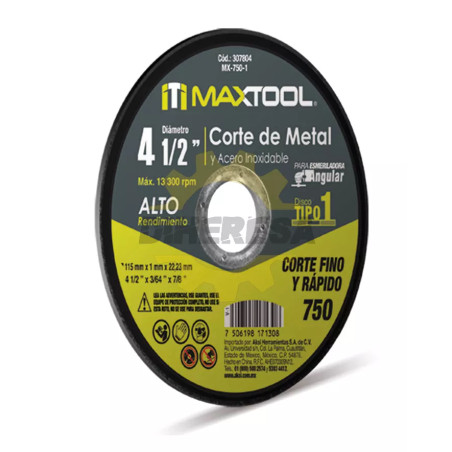 Disco Corte De Metal Y Acero Inox 4 1/2" X 1mm, Tipo 1 Maxtool
