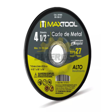 Disco Corte De Metal 4 1/2" X 3mm, Tipo 27 Maxtool