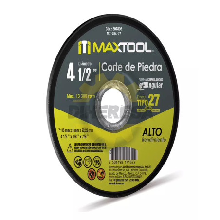 Disco Corte De Piedra 4 1/2" X 3mm, Tipo 27 Maxtool