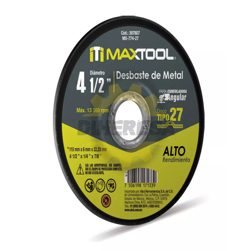 Disco Desbaste De Metal 4 1/2" X 6mm, Tipo 27 Maxtool