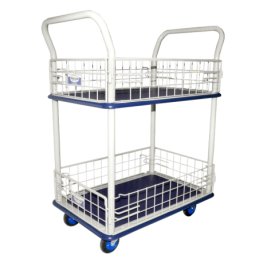 Carro de acero de 2 pisos con canastilla de 31 x 17 Pulgadas para transporte de material con capacidad máxima de 150 kg.