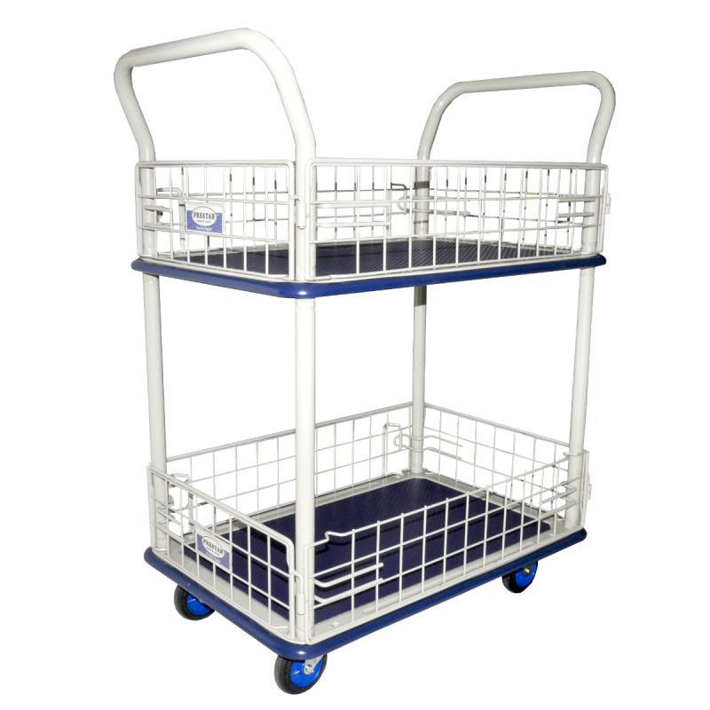 Carro de acero de 2 pisos con canastilla de 31 x 17 Pulgadas para transporte de material con capacidad máxima de 150 kg.
