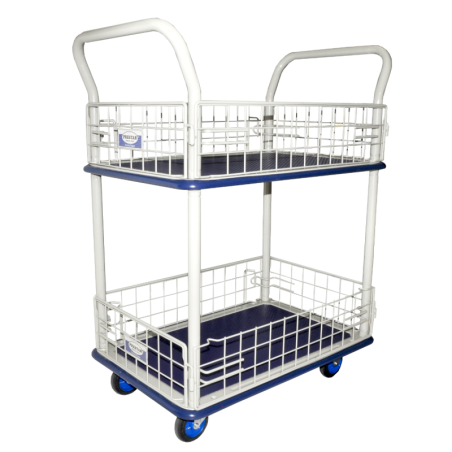 Carro de acero de 2 pisos con canastilla de 31 x 17 Pulgadas para transporte de material con capacidad máxima de 150 kg.