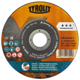 Disco de corte Tyrolit Cerabond X superdelgado de 5 x 0.040 x 7/8 Pulgadas, 2 en 1.