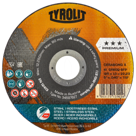 Disco de corte Tyrolit Cerabond X superdelgado de 5 x 0.040 x 7/8 Pulgadas, 2 en 1.