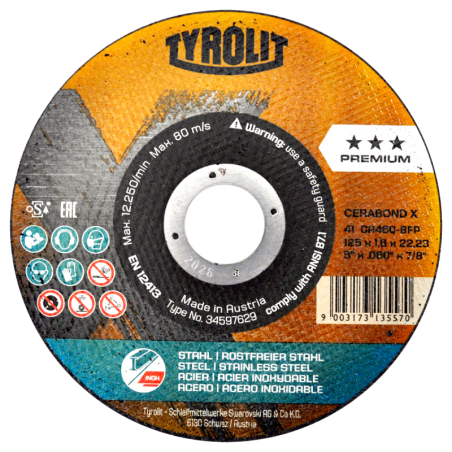 Disco de corte Tyrolit Cerabond X de 5 x 1/16 x 7/8 Pulgadasm, 2 en 1