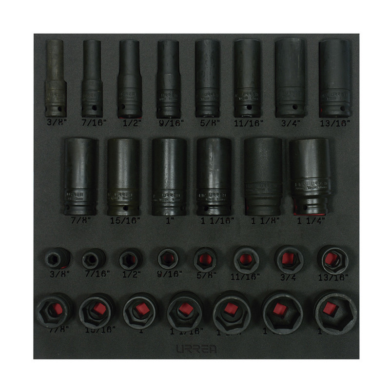 CH218 URREA Juego de 29 dados de impacto cortos y largos en pulgadas cuadro 1/2" Urrea | DIHERESA CH218 URREA Juego de 29 dados de impacto cortos y largos en pulgadas cuadro 1/2" Urrea | DIHERESA